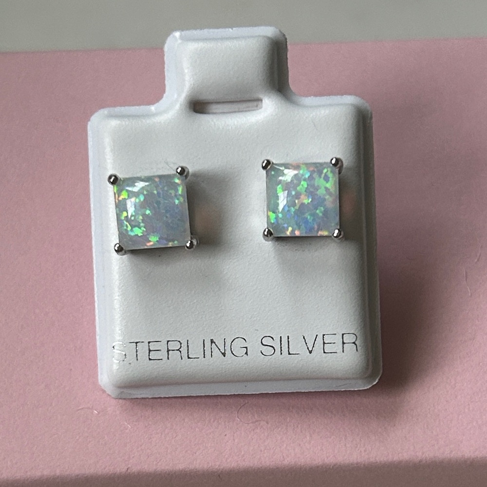 Opal Sterling‎ Silver princess cut Stud Earrings